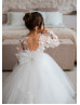 Long Sleeves Ivory 3D Lace Tulle Flower Girl Dress With Detachable Train